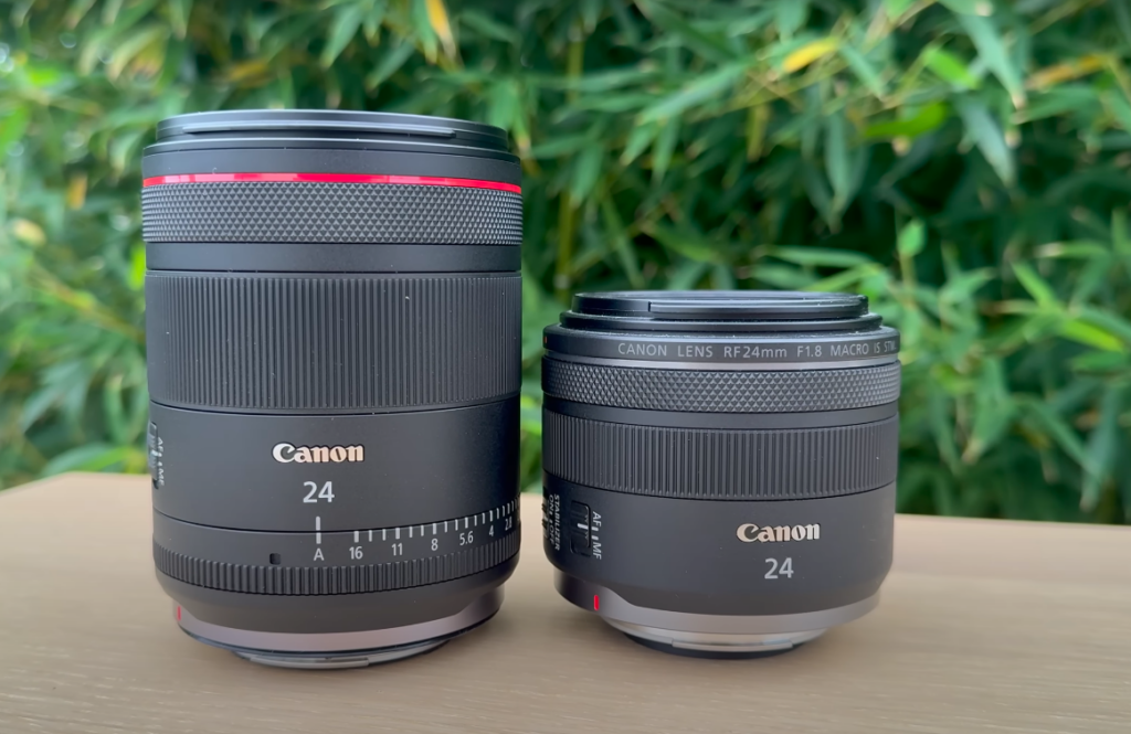 Comparaison de la taille entre le Canon RF 24mm f1.4 et le Canon RF 24mm f1.8