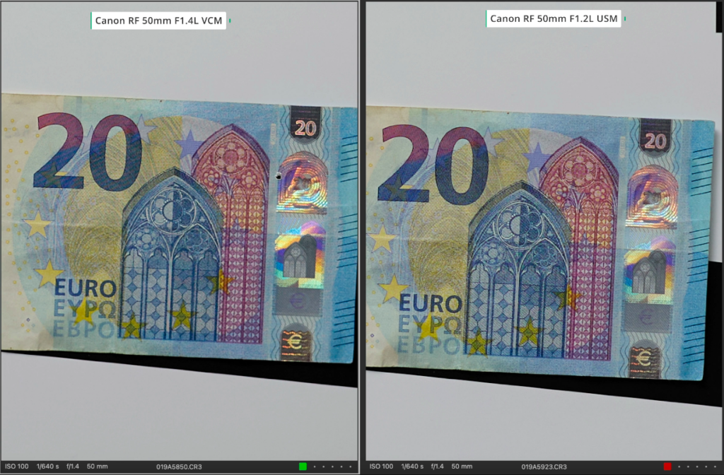 Comparaison du piqué entre le Canon RF 50mm f1.2 et le RF 50mm f1.4 sur un billet de banque 