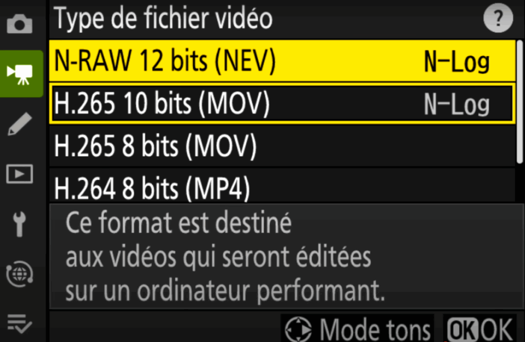 Menu vidéo du Nikon Z5 II 