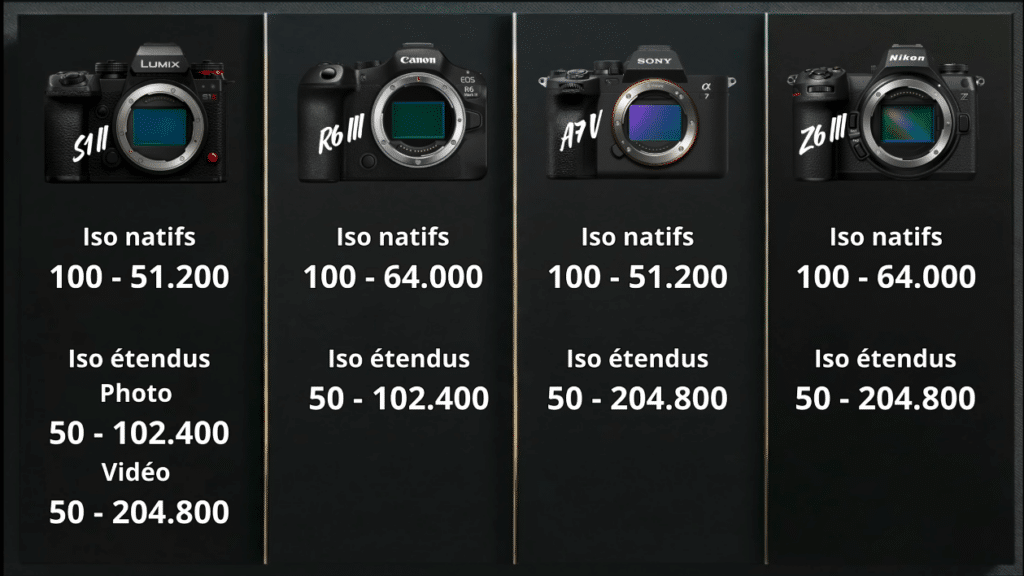 Tableau comparatif de la montée en ISO entre Lumix, Canon, Sony et Nikon